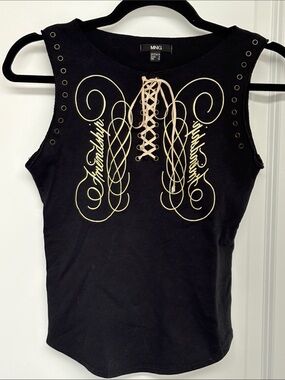 Mango Black Lace-Up Graphic Tank with Gold Script grommets